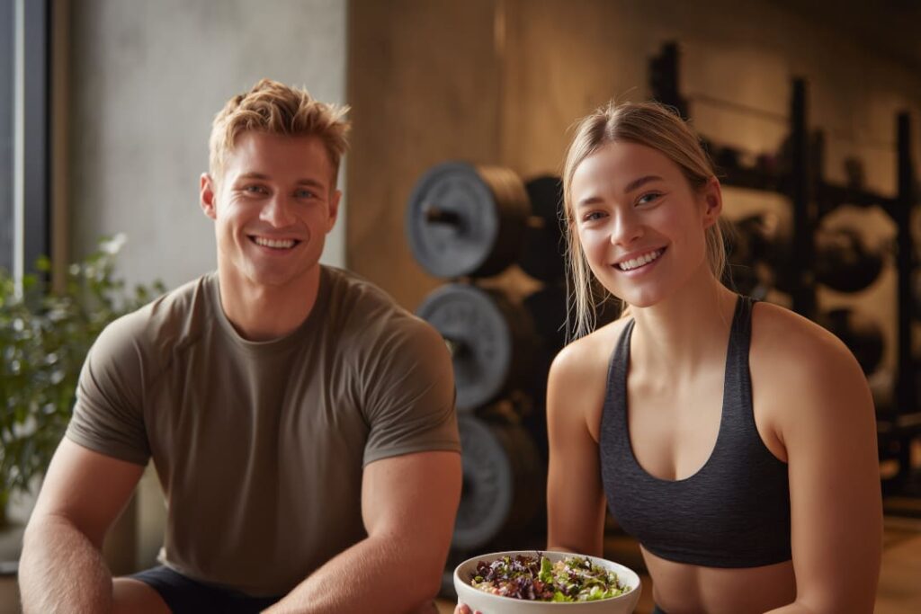 Entspanntes Paar nach dem Training mit gesunder Bowl – Symbolbild für gesundes Abnehmen ohne Stress bei AURUM Health & Performance Therwil