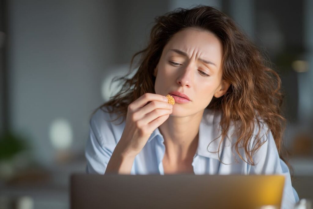 Frau isst gedankenverloren am Laptop – symbolisches Bild für den Zusammenhang zwischen Ernährung und Stress bei AURUM Health & Performance Therwil.