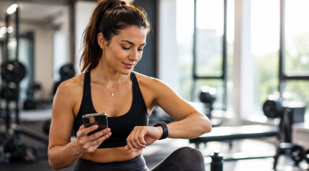 Frau überprüft ihre Smartwatch zur Planung ihres zyklusbasierten Trainings entsprechend dem Menstruationszyklus