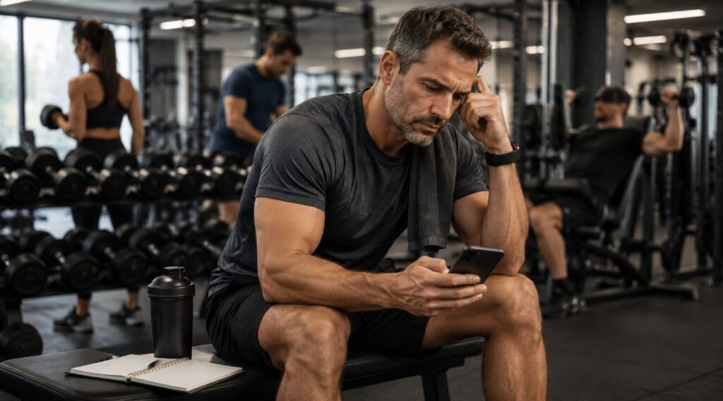 Mann analysiert seinen Trainingsplan im Fitnessstudio, um Fehler beim Muskelaufbau ab 30 zu vermeiden