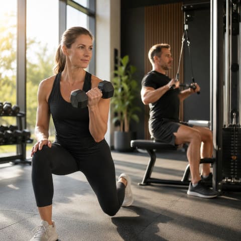 Frau und Mann beim funktionellen Krafttraining im Fitnessstudio für Muskelaufbau ab 30