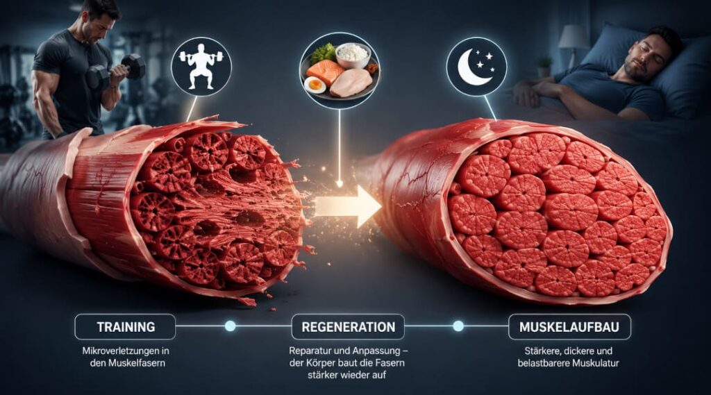 3D-Illustration zeigt den Muskelaufbau nach dem Training durch Regeneration und Anpassung der Muskelfasern